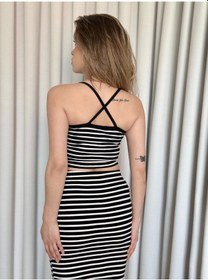 Resim Çizgili Etek Crop Takım Siyah 