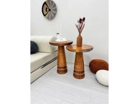 Resim Ahşap 2'li Set Mantar Yan Sehpa Modern Açık Ceviz Fiskos Zigon Çiçeklik 