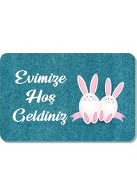 Resim Dijital Baskılı Kapı Önü Paspas Hoşgeldiniz Yazılı Çiçek Desen Ve Tavşan Iç Ve Dış Kapı Yıkanabilir Siyah 