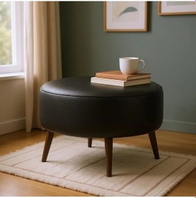 Resim Azra Mobilya Siyah Yuvarlak Deri Puf 60 Cm Çap, 46 Cm Yükseklik, Modern Ceviz Ayaklı Siyah 