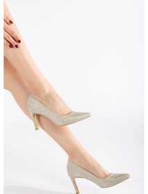 Resim Kadın İnce Topuklu Stiletto Gold Parlak Malzeme Aynalı Jurdan-3774 Gold Parlak 