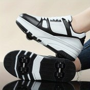 Resim Erkek Çocuk Moda Paten Ayakkabısı - Kaymaz Çift Tekerlek, Dayanıklı Toka Kayışlı Bağcıklı, Siyah & Beyaz, Tüm Mevsimler İçin Uygun 