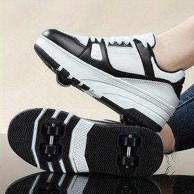 Resim Erkek Çocuk Moda Paten Ayakkabısı - Kaymaz Çift Tekerlek, Dayanıklı Toka Kayışlı Bağcıklı, Siyah & Beyaz, Tüm Mevsimler İçin Uygun 