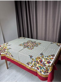 Resim Kolay Temizlenebilir Renkli Cıvıl Cıvıl Desenli Masa Örtüsü 170x170 Cm Beyaz - Siyah 