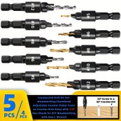 Resim 4/5 Adet Ahşap İşleme İçin Gömme Matkap Ucu Seti, Ayarlanabilir Gömme Matkap Aletleri 1/4" Altıgen Sap ile, L-Anahtarlı DIY Marangozluk, Boyutlar #5 #6 #8 #10 #12, Dayanıklı Malzeme 
