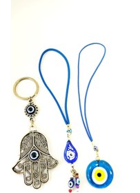 Resim cuaderno Nazar Boncuğu Turkuaz/damla Cam El Yapımı Araba Dikiz Ayna Süsü+fatıma Eli/hamse Anahtarlık Üçlü Set 