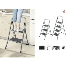 Resim Asil 3 Basamaklı Katlanır Metal Merdiven | Tutma Kollu, Güvenli ve Dayanıklı Tasarım 