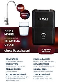 Resim H-MAX 8 Litre 15 Aşama Mineralli 75 GPD Su Arıtma Cihazı HMAXS3512 