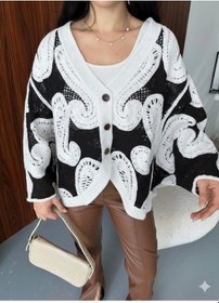 Resim Günlük Moda Kadın Hırka Tığ İşi Desenli İki Renkli Siyah Krem Örme Hırka - Oversize Süzene Hırka Siyah 
