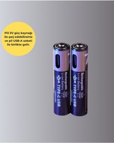 Resim Muratech Hızlı Şarj Teknolojili Usb Şarjlı Aaa Pil 40 Dakikada Tam Şarj 