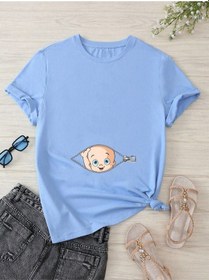 Resim Hamile Gebe T-shirt Bebek Fermuar Baskılı - Bebe Mavisi Bisiklet Yaka Oversize Tişört 