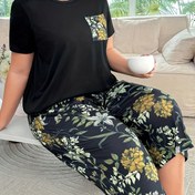 Resim Plus Size Yuvarlak Yaka Cep T-Shirt ve Botanik Baskılı Pijama Seti ile Üç Çeyrek Pantolon 