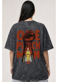 Resim One Punch Man Anime Baskılı Unisex Oversize Eskitme Yıkamalı Tişö Siyah 