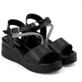 Resim Kadın Siyah Tokalı Taşlı Dolgu Topuklu Sandalet 6 Cm Rahat Yüksek Topuklu Flgs16 Siyah 