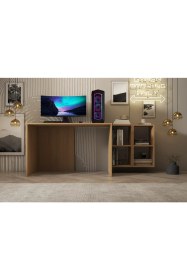 Resim Ergonomik Oyuncu ve Çalışma Masası - 4 Bölmeli Raflı Meşe Ofis ve Bilgisayar Masası NRG-OYNM-1003 