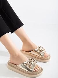 Resim Kadın Taşlı Dolgu Topuk Terlik Gold Metal Tavşan Aksesuarlı 