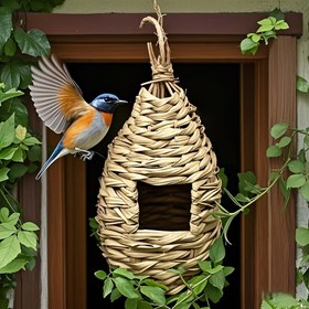 Resim 1 adet El Örgüsü Hummingbird Evi - Doğal Sisal Malzemeden Yapılmış Dayanıklı Asılı Kuş Yuvası, Bahçe Dekoru İçin Klasik Tasarım, Temizlemesi ve Bakımı Kolay, Arka Bahçe Kuş Evleri İçin Mükemmel, Kuş Dekoru 