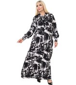 Resim Melsay Butik Fularlı Beyaz Fırça Desen Uzun Kollu Büyük Beden Kadın Elbise Siyah 