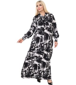 Resim Melsay Butik Fularlı Beyaz Fırça Desen Uzun Kollu Büyük Beden Kadın Elbise Siyah 