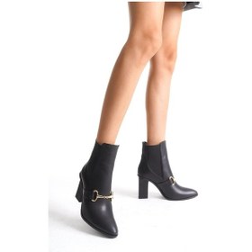 Resim Mubiano Hakiki Deri Collection Kadın Metal Tokalı Lastik Detaylı Topuklu Kısa Bot Siyah - Mcalm2262 - S Siyah 