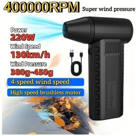 Resim Willowhaven Güçlü 400.000 Rpm Kablosuz Turbo Jet Fan 4 Hız Usb Şarjlı Siyah 