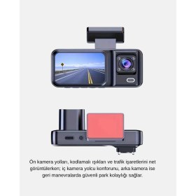Resim Üç Kameralı Dash Cam 170° Geniş Açılı Full Hd Gece Görüşlü 