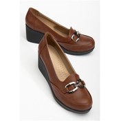 Resim Kadın Dolgu Topuklu Ayakkabı Taba Yüzlü Tokalı-3675 Taba 