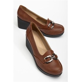 Resim Kadın Dolgu Topuklu Ayakkabı Taba Yüzlü Tokalı-3675 Taba 