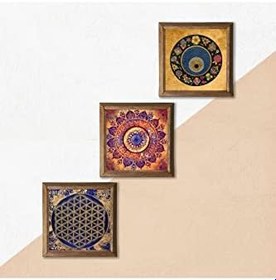 Resim Pinecone Mandala, Yaşam Çiçeği, Nazar Taş Duvar Tablosu - Ahşap Çerçeveli Taş Tablo - 25x25 cm - 3 Parça Set - Dekoratif Duvar Sanatı - Modern Ev ve Ofis Duvar Dekoru W3-374 