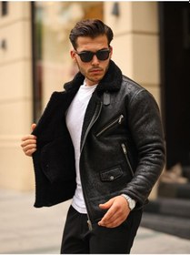 Resim Mero Life Napa Deri İçi Full Kürklü Yüksek Kalite Slim Fit Erkek Mont - Siyah 