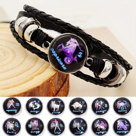 Resim 12 Burç Takımları Moda Örgülü Suni Deri Bileklik, Ayarlanabilir Uzunluk, Günlük Giyim ve Partiler İçin İdeal Hediye Aksesuarı, Bohem Tarzı, Tüm Mevsimler İçin Takı, Burç Simgesi 