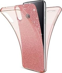 Resim Uposao Huawei P30 Lite ile uyumlu kılıf 360 derece tam kaplama kristal mücevher parıltılı şeffaf çepeçevre koruma çift taraflı koruyucu kılıf komple cep telefonu kılıfı silikon kılıf, pembe altın 
