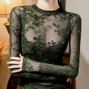 Resim JFL6037 Seksi Şeffaf Kadife File Taban Katmanı Kadın Yuvarlak Yaka Moda Beli Beli Belirten Uzun Kollu Üst 