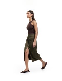 Resim Gabardin Kumaş Slim Fit Kapaklı Cep Detaylı Yırtmaçlı Midi Kalem Etek 