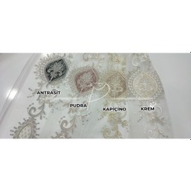 Resim Tül Perde 32327 Nolu Desen Kadife Işleme Tül Perde Ekru 