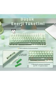 Resim Kablosuz Bluetooth Retro Sessiz Klavye – Yuvarlak Tuşlu, Kedi Süs Aksesuarı, 84 Tuşlu, Taşınabilir, Akıllı Uyku Modu, Ergonomik Tasarım, Tablet Telefon Uyumlu, Ajazz AJ308I Yeşil 