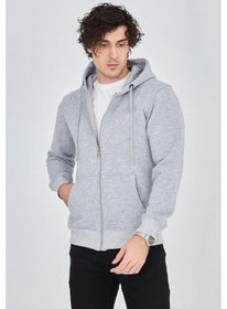 Resim Barlashive Erkek 3 İplik Pamuklu Fermuarlı Kapüşonlu Kanguru Cepli Hoodie Hırka Sweatshirt - Gri Çok Renkli 