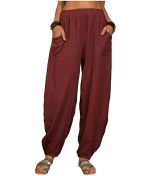 Resim Kadın Harem Pantolon Yaz Rahat Retro Büyük Beden Pamuk Ve Keten Pantolon Lastikli Bel Geniş Paça Pantolon Ev Pantolonu Bordo 