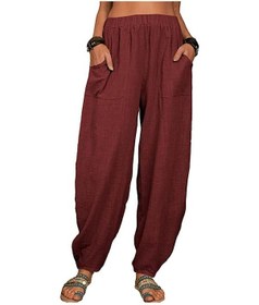 Resim Kadın Harem Pantolon Yaz Rahat Retro Büyük Beden Pamuk Ve Keten Pantolon Lastikli Bel Geniş Paça Pantolon Ev Pantolonu Bordo 