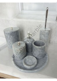 Resim Gri Mermer Klasik Model 7 Parça Gümüş Renk Düğme Aksesuarlı Banyo Seti Gri 