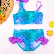 Resim 2 Adet Kız Çocuk Bikini Tankini Mayo Balık Pulu Grafikli Fiyonk Üst Fırfır Detaylı Şort Takımı Çocuk Yazlık Plaj Kıyafetleri Mayo 