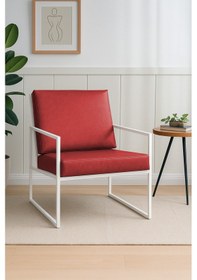 Resim Azra Mobilya İskandinav Deri Berjer Beyaz Metal Ayaklı Modern Tekli Koltuk - Kırmızı Kırmızı 