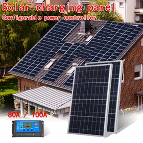 Resim 1 adet/2 adet 80A/100A şarj kontrolcülü güneş paneli seti, USB ile çalışan taşınabilir dış mekan güneş enerjisi sistemi, kampçılık, karavanlar, tekneler, cep telefonu şarjı, sokak aydınlatması ve evcil hayvan barınakları için uygun, dayanıklı dış mekan güneş enerjisi sistemi 