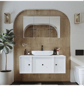 Resim Lavabolu Mdf 120 Cm Çekmeceli Banyo Dolabı + Aynalı Dolap Beyaz Mat Beyaz 