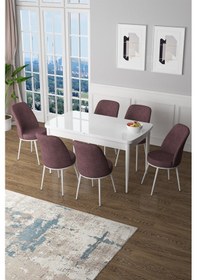 Resim Canisa Zen Serisi 80x132 Mdf Açılabilir Beyaz Masa Takımı Ve 6 Gül Kurusu Sandalye Masa Beyaz Sandalyeler Gülkurusu 
