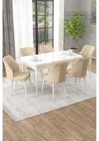 Resim Arel Beyaz 80x132 Açılabilir Mdf Masa Yemek Odası Takımı, Mutfak Takımı 6 Adet Sandalye Beyaz Masa - 6 Krem - Beyaz Ayak 