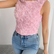 Resim Kadınlar için Şık Yuvarlak Yaka Kolsuz Üst, 3D Gül Aplike - Bordo & Pembe Çiçek Desenli, Makinede Yıkanabilir, Her Mevsim İçin Uygun Günlük veya Resmi Giyim, Kadın Gömlekleri ve Üstler, Saydam Olmayan Kumaş 