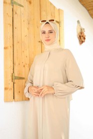 Resim İthal Medine İpliği Rüzgarlıklı Kol Ucu Lastikli Fermuarlı Günlük Ferace Bej Renk - TAŞ / 42 