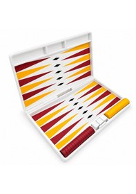 Resim Taşınabilir Tavla Seti Katlanabilir Seyahat Tipi Tavla Oyunu 25x20 Cm Beyaz Kasa Kırmızı Sarı Taşlı 