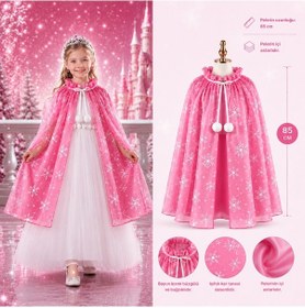 Resim Kar Tanesi Desenli Pembe Elsa Pelerini - Astarlı Frozen Pelerini Csmtex - 48 85 Cm 